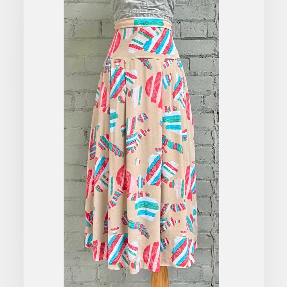 Vintage Novelty Print Pleated Midi Skirt